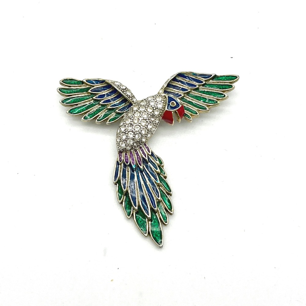 Vintage Parrot Brooch Pave Rhinestone Enamel Bird Pin‎ Colorful Tropical Jewelry